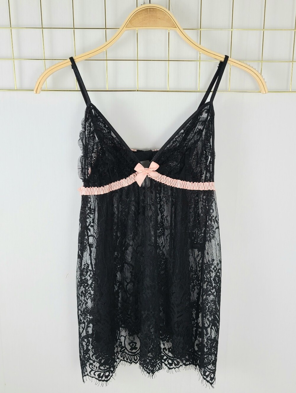 Frederick's of Hollywood Black Lace Pink Bow Babydoll Slip Short Nightie
